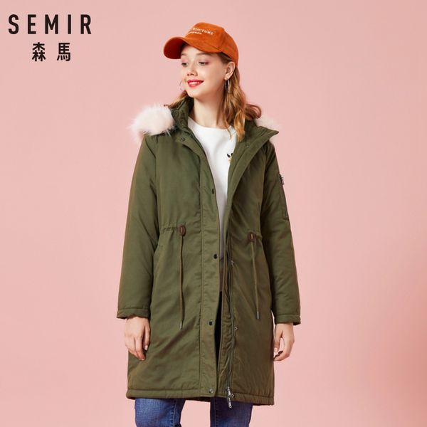 

semir fashion parkas winter jackets women coats faux fur hooded collar casual long parkas cotton wadded laidies overcoat, Black