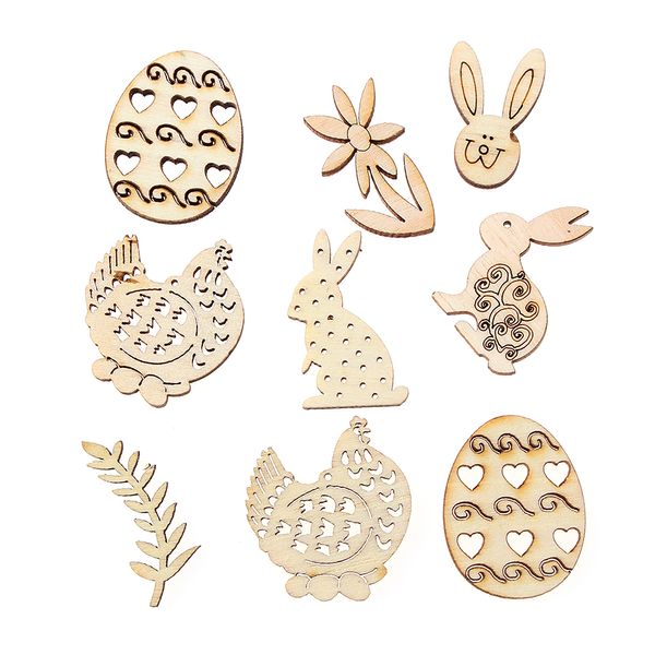 

50pcs/pack happy easter rabbit eggs wooden craft easter decorations home party diy wood chips hanging ornaments