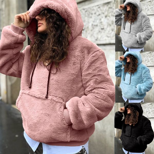 

feitong hoodies women new winter women long sleeve pullover winter warm hooded with big pocket casual soft warm sweatshirt, Black