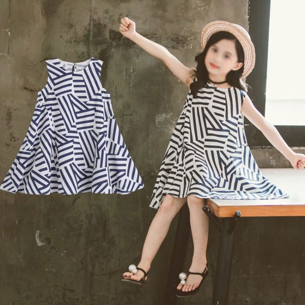 

summer kids baby girls fashion casual vest dressirregular striped print sleeveless kids princess dresses 3-11t, Red;yellow