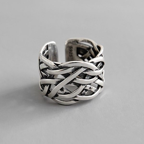 

ins authentic s925 sterling silver fine jewelry weave braid twist twine long band ring wider tlj846, Golden;silver