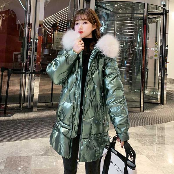 

2020 winter long shiny jacket for women solid plus size hooded parkas korean style fur collar thick outwear coats chaqueta mujer, Black
