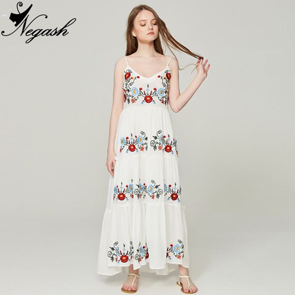 

high-quality europe spring summer 2018 bohemia v neck harness backless floral embroidery elegan dresses vestidos, Black;gray