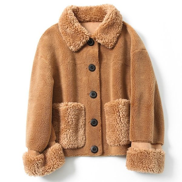 

women's fur & faux autumn winter korean real wool coats women fashion pocket single breasted lamb short jackets ladies warm casual clot, Black