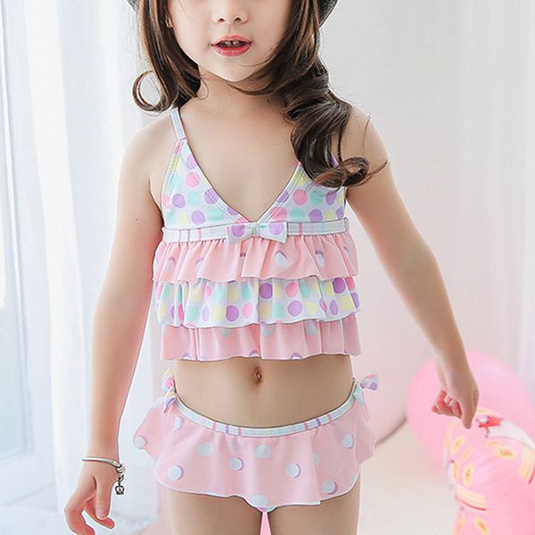 

1-8 years baby girls 2 pieces swimsuits cute pink dot swim suits children swimwear toddlers kids bathing suits maillot de bain