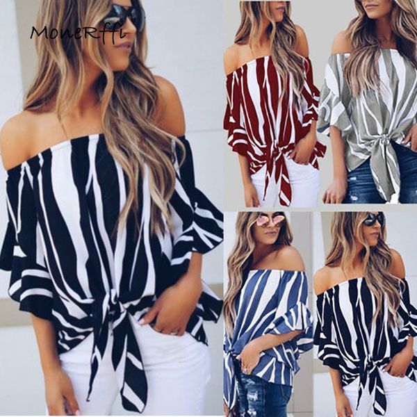 

monerffi 2019 women chiffon blouse striped off the shoulder summer loose casual shirt chemisier femme, White