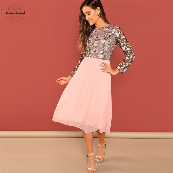 

going out dresses flower embroidered pink contrast mesh round neck high waist dress women a line long elegant, Black;gray