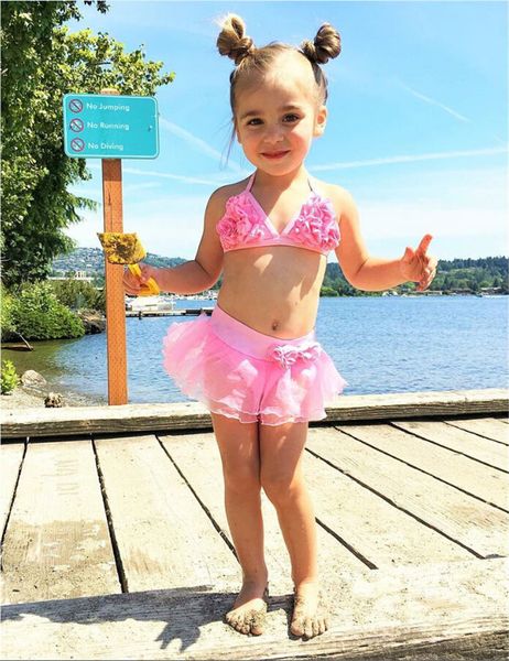 

children girl summer floral swimwear kids bikini sets cute halter and mesh flower skirt children swimmable swimsuit