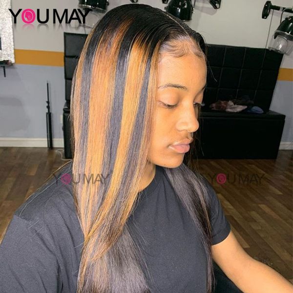 

250% 13x6 ombre highlight blonde lace front wig human hair for women straight 360 lace frontal wig with fake scalp you may remy, Black;brown