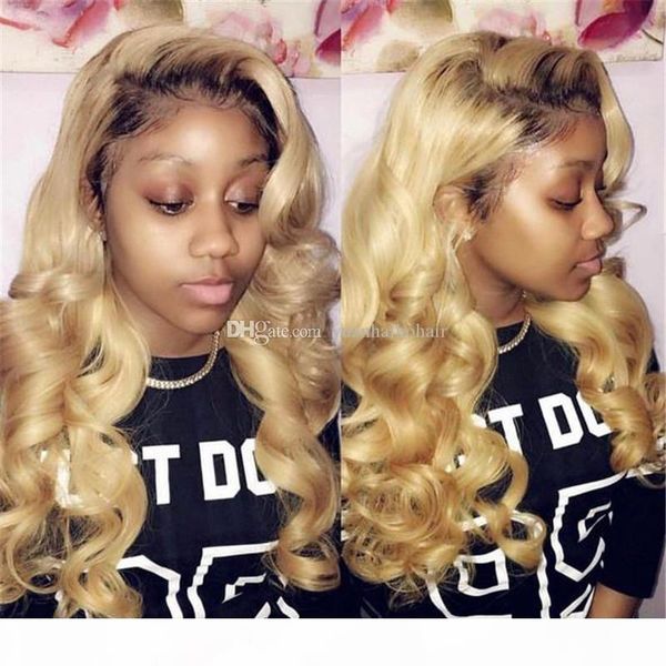 

горячая продажа honey blonde полный парик 1bt27 свободные волны перуанский ombre парик шнурка фронта бесплатная доставка, Black;brown
