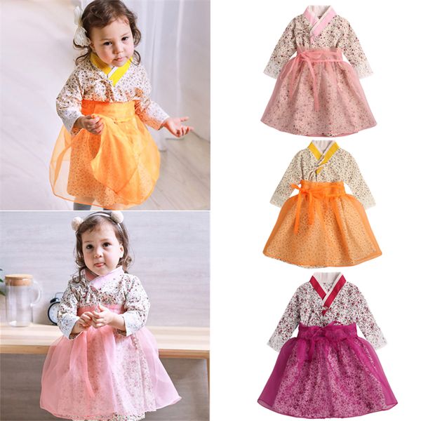 

new baby girls traditional korean hanbok fashion style dress cotton long sleeve print 1-6 years old child asian clothing, Red