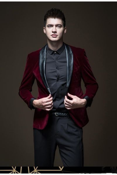 

new handsome back vent one button wine red velvet wedding groom tuxedos shawl lapel groomsmen men suits prom blazer (jacket+pants+tie) 237, Black;gray