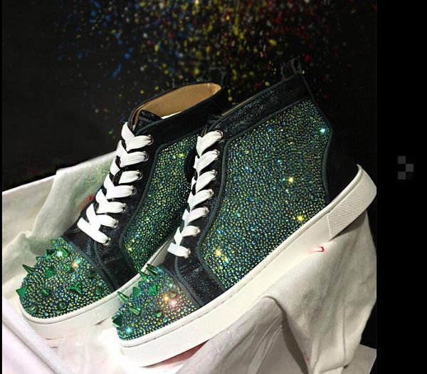 

mix veau velours pik pik studs & strass pik spiked red bottom casual shoes men,women casual flat luxurious rhinestone spikes red soles sneak, Black