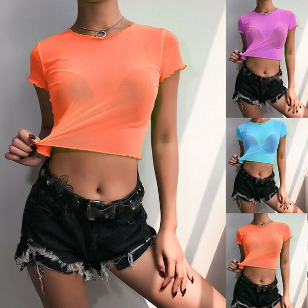 

fashion new women lace up o neck short sleeve mesh sheer see-through tank crop casual t-shirt slim short outwear, White
