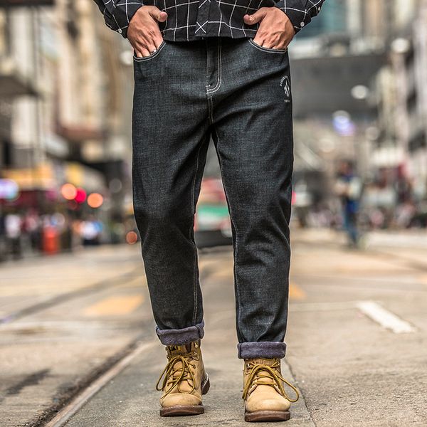 

plus size 30-40-48 men's fashion black jeans business casual stretch jeans 2019 spring fleece denim pants trousers male clothes, Blue