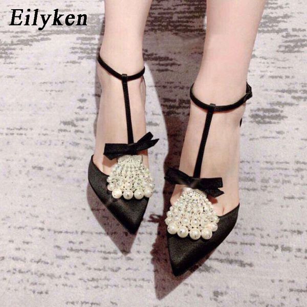 

eilyken 2019 new designer pearls beaded black high heels shoes women pumps buckle strap pointed toe flock shoes party pumps