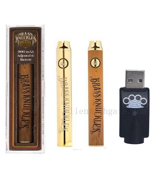 

Brass Knuckles Vape Battery 650mAh Gold 900mAh Wooden Variable Voltage Vape Pen With USB Charger in Gift Box For 510 Thread Vape Cartridges