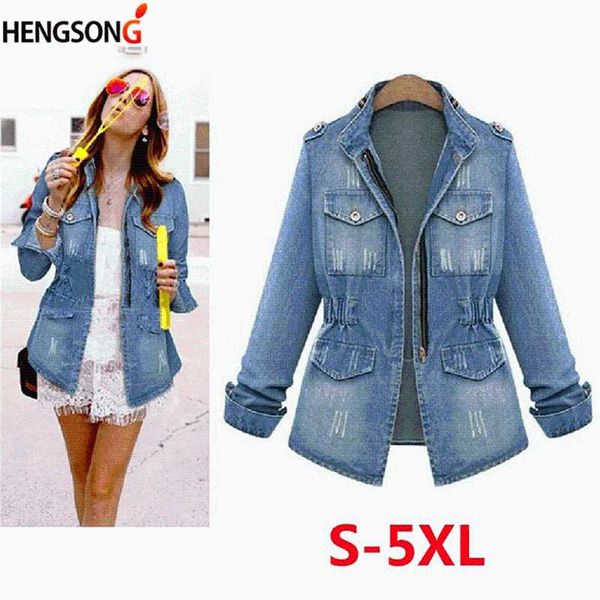 

hengsong plus size 5xl denim jacket women autumn fashion long sleeve jeans coat female casual denim jacket tee streetwear, Tan;black