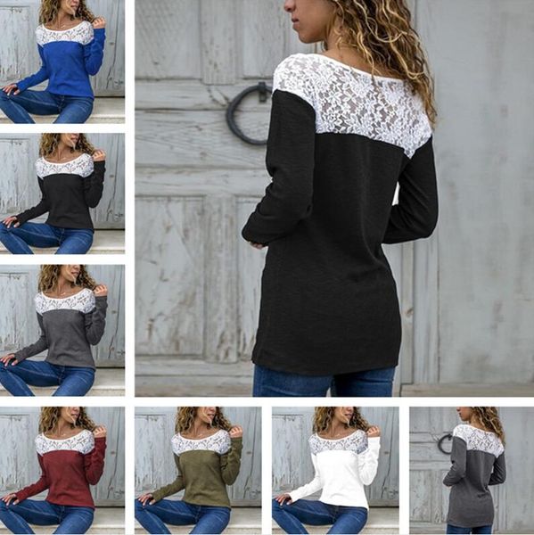 

women spring clothes lace patchwork t-shirt long sleeve contrast color female hollow pullover lace panelled t-shirt tees d21704, White