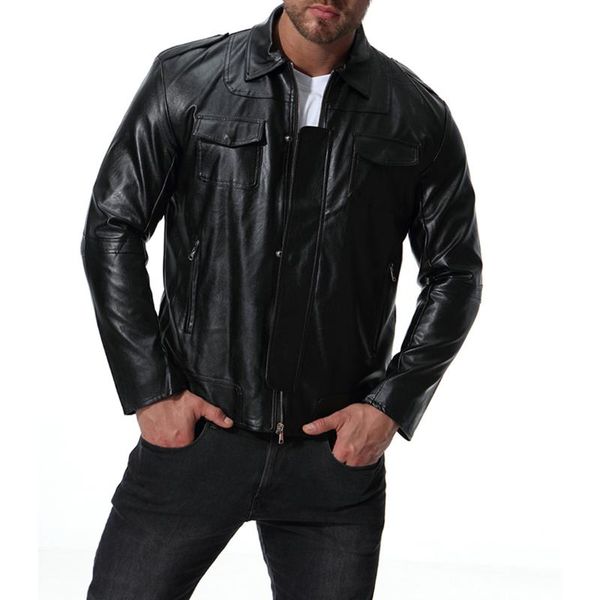 

2019 autumn clothing export locomotive leather coat fashion europe and america motorcycle fold-down collar leather jacket men's, Black