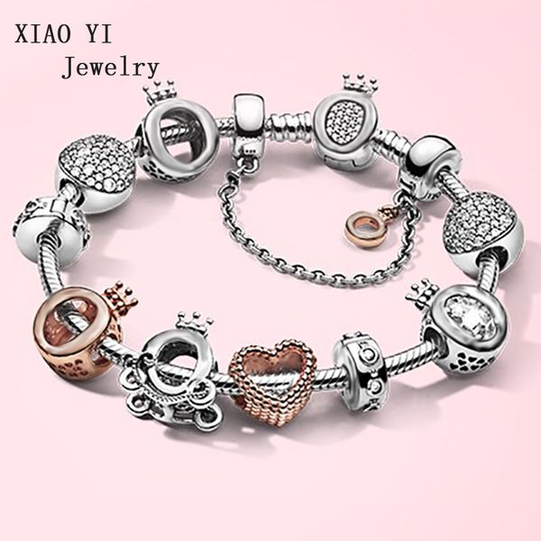 

xiaoyi jewelry 2019 100% 925 sterling silver 11 crown carriage heart inlaid with diamonds bracelet original female jewelry gift, Golden;silver