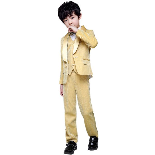 

flower boy wedding dress suit sets children gold 3pcs catwalk piano costume kids blazer vest pants shirts clothes sets, Black