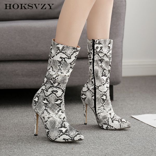 

hoksvzy women zipper boot shoes woman snake-print wrinkled high-heeled short boots large size women's shoes zl-668-5, Black
