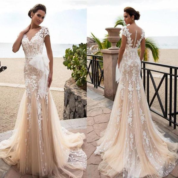 

champagne lace 3d floral wedding dresses mermaid appliqued sheer v neck bridal gown cap sleeves bow tulle sash button back, White