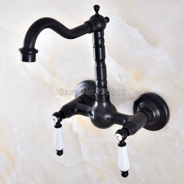 

moder wall mounted double handle oil rubbed black bronze bathroom basin sink mixer tap faucet lnf869