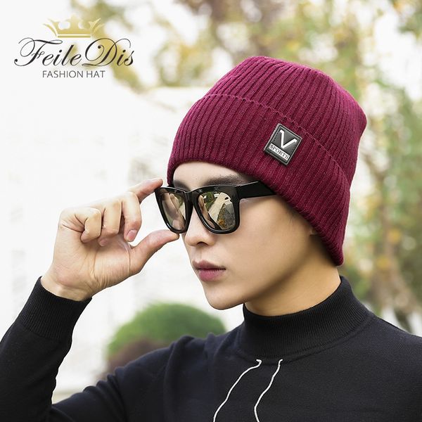 

feiledis]men's winter hat 2020 fashion knitted black hats fall hat thick and warm and bonnet skullies beanie gld-112
