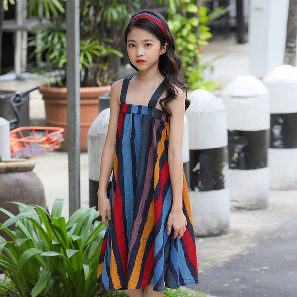 

6 8 10 12 14 16 лет большие девочки дети лето 2019 красочные полосатые хлопка сарафан подростки дети мода без рукавов пляжные платья, Red;yellow
