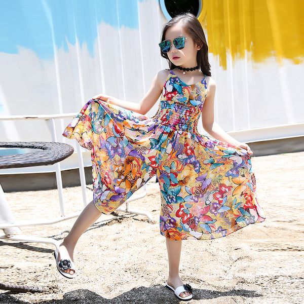 

bohemian style kid girl summer chiffon beach skirt pants jumpsuit floral dress, Red;yellow