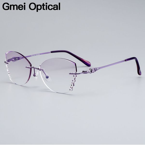 

gmei optical stylish alloy women rimless glasses frame with diamond trimming cut gradient purple tinted plano lenses z2870, Black