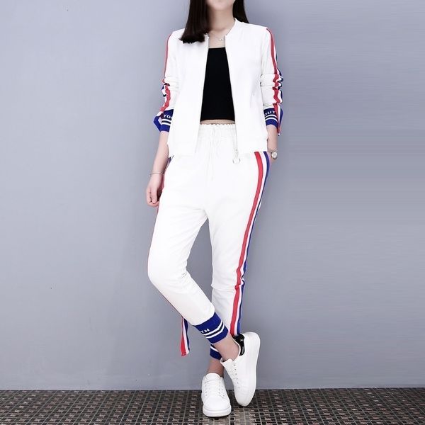 

spring casual fashion tracksuit 2019 striped two piece pants pant suits runway piece set women zip up jacket and slim pencil pants, White