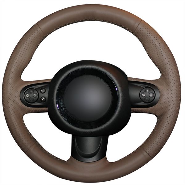 

dark brown genuine leather diy hand sewing car steering wheel cover for mini coupe