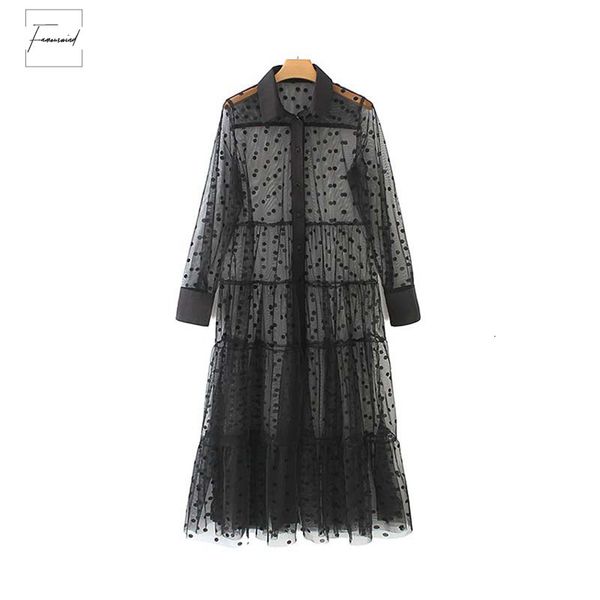 

dress women stylish polka dot patchwork transparent kimono sleeve midi shirt chic long sleeve female mesh dresses vestidos qb670, Black;gray