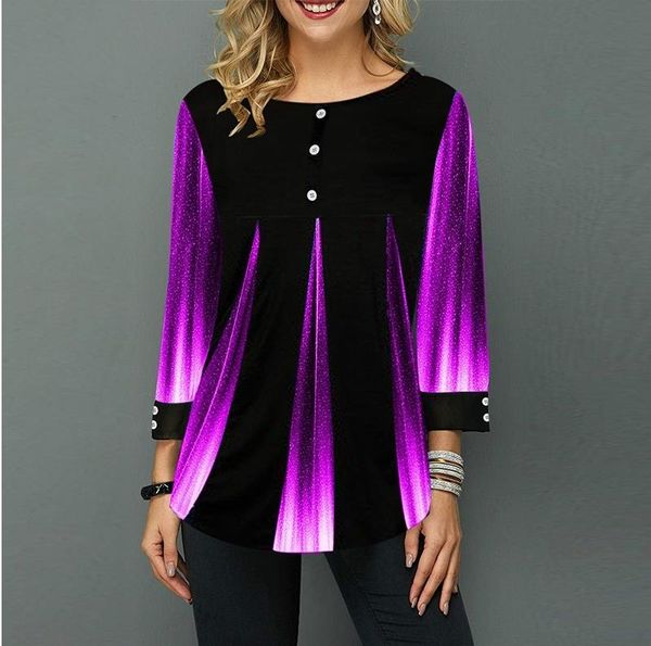 

2020 women shirt spring o-neck blouse 3/4 sleeve casual printing button female fashion shirt streetshirt, White
