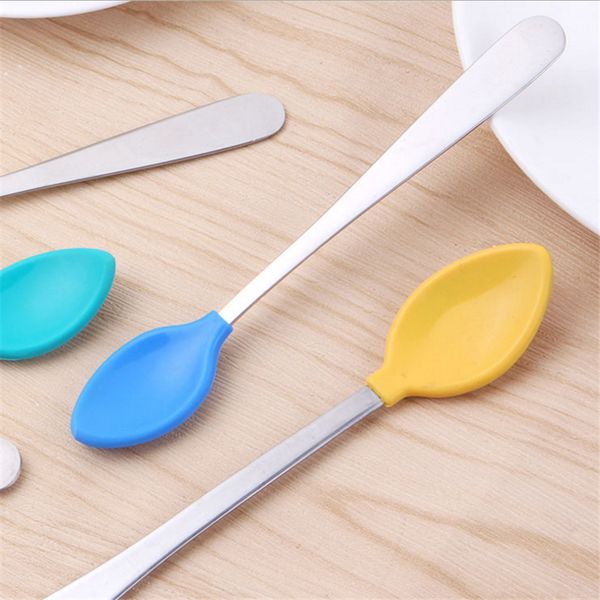 

2 pcs/set kids child soft silicone+stainless steel spoon tableware baby spoon feeding dinnerware gifts for kids flatware
