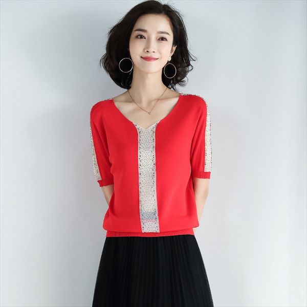 

short-sleeved t-shirt jacket short jacket t-shirt women's v-neck ice linen knitted sweater loose thin belly-covering short top, White