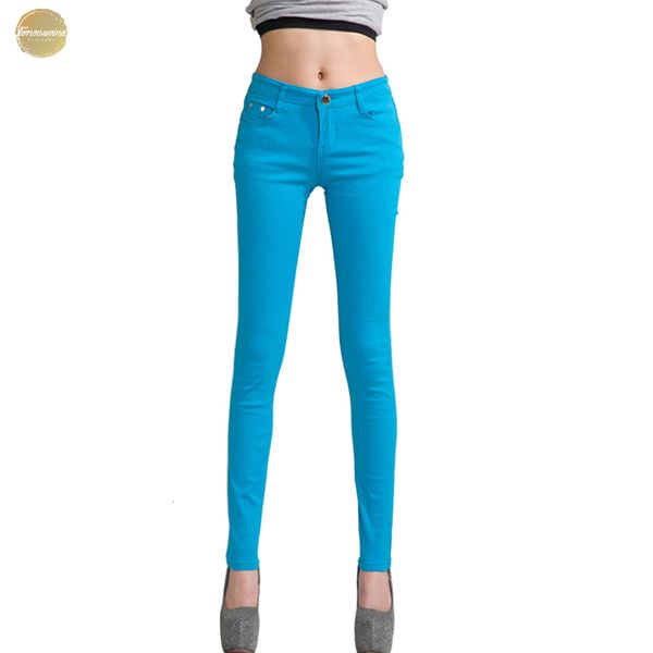 

женские джинсы хлопок карандаш гетры средние узкие джинсы талии женщина slim fit женщина аппликация полная длина цвета конфеты, Blue