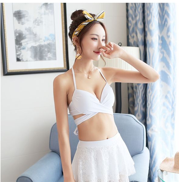 

swimsuit female split three-piece bikini small fragrance wind small chest gathered conservative cover belly show thin swimsuit, White;black