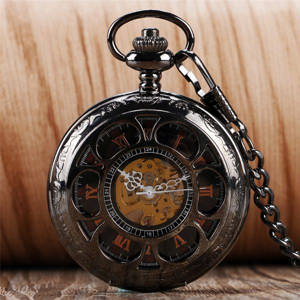 

retro antique black hollow pumpkin design watches roman number mechanical hand wind pocket watch for men women pendant fob chain, Slivery;golden