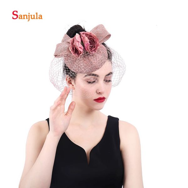 

blush pink linen hats with handmade flowers elegant wedding hats for bridal wedding accessories with face veil h78