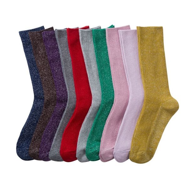 

korean color bright silk pile pile socks spring and autumn gold and silver silk stockings college style silver onion socks net red tide sock, Black;white