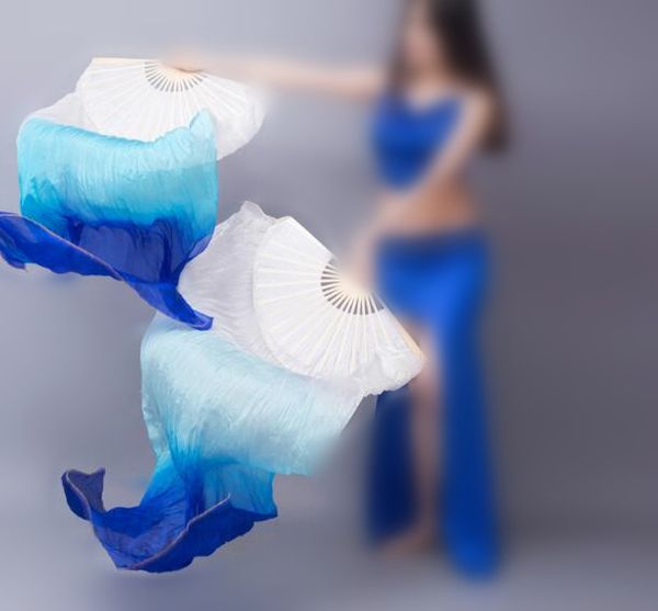 

2020 sell 100%silk women belly dancing fan veils one piece gradient color dancer practice long fan props 180cm, Black;red