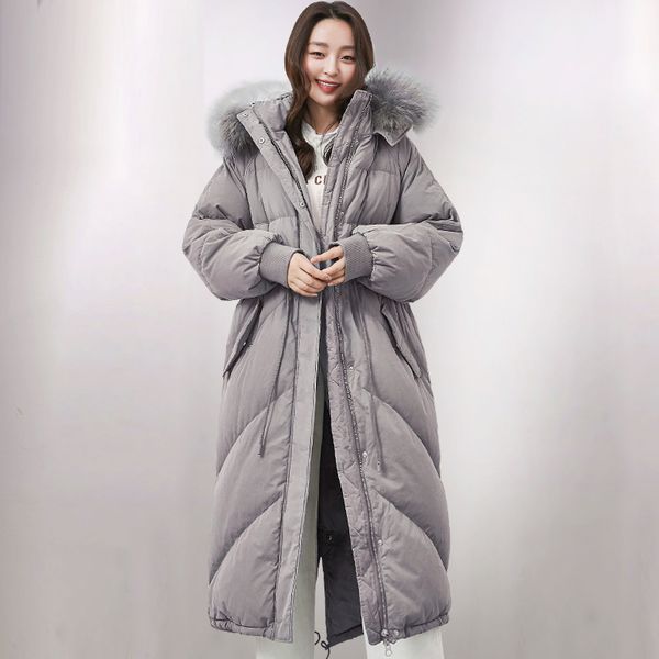 

white duck down jackets women winter warm big fur collar hooded overcoat female down long coats, Black