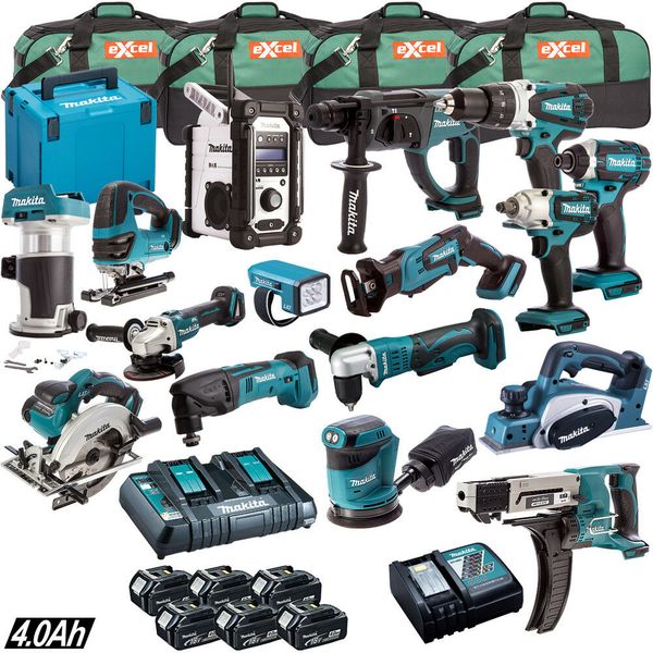 

Makita 18v li ion diamond 16 piece combo kit 6 x bl1840 2 x charger 4 x bag