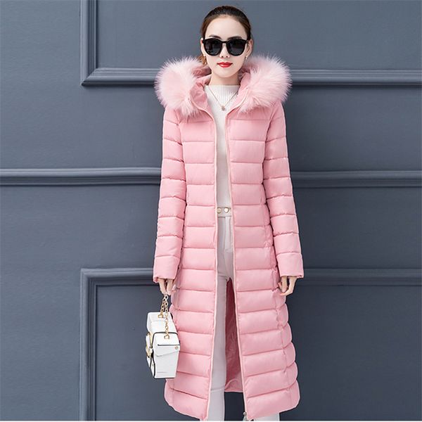 

women cotton jacket long hooded fur collar parka 2019 fashion winter plus size solid female parkas thick warm padded outerwear, Tan;black