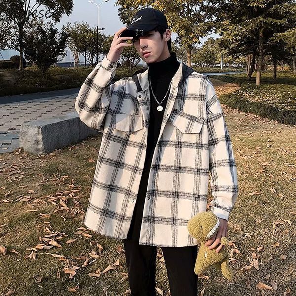 

plaid jackets men winter thick basic loose korean retro streetwear outwear stitching hat mens patchwork simple daily jacket new, Black;brown