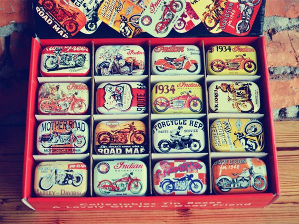 

32pcs/box Vintage Motorbike design Tin Box Metal Coin Saver Small Jewerly Case Pill case 16 designs Chocolate Gift Box